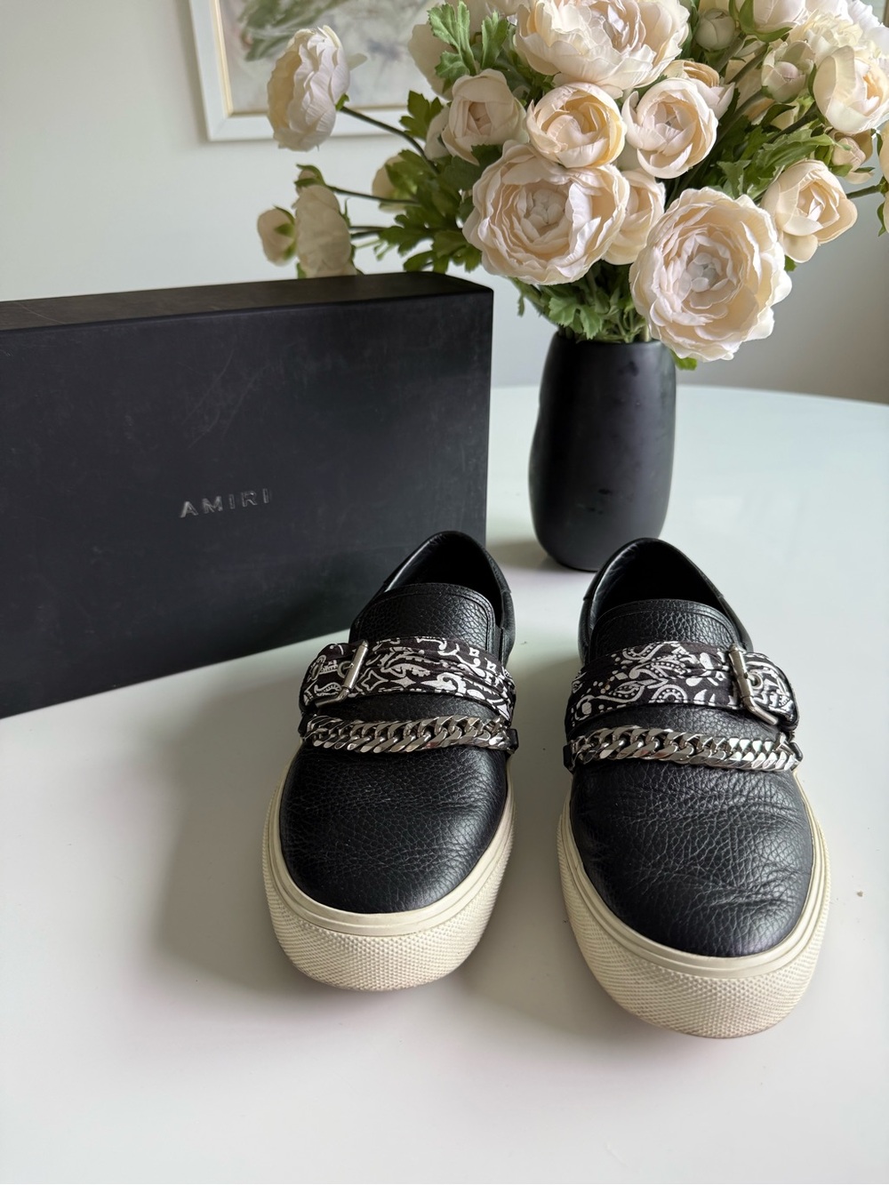 AMIRI Black Leather Moccasin Slip-Ons with Bandana Strap & Silver Chain